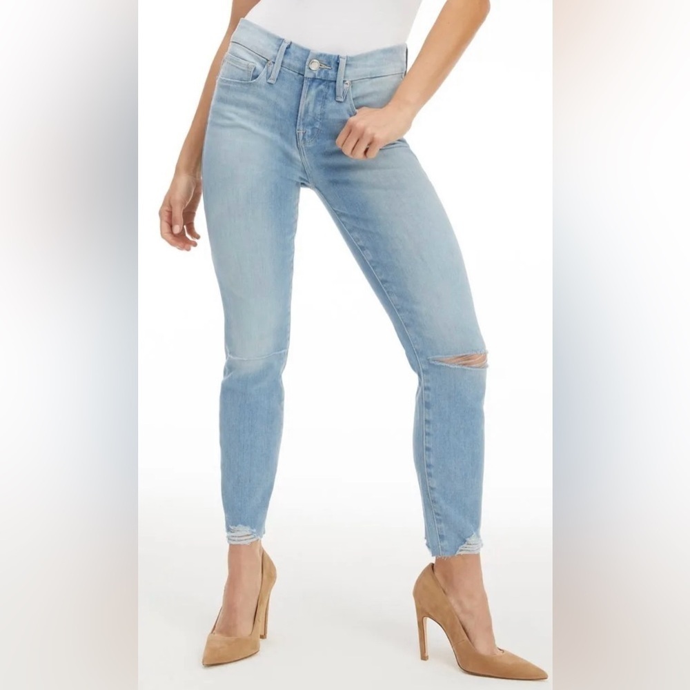 GOOD AMERICAN Denim Good Petite Skinny Light Wash Mid Rise Distressed Size 24